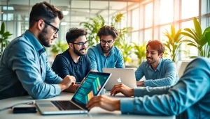 Hire .Net Full-stack developers collaborating in a modern workspace, showcasing teamwork and innovation.