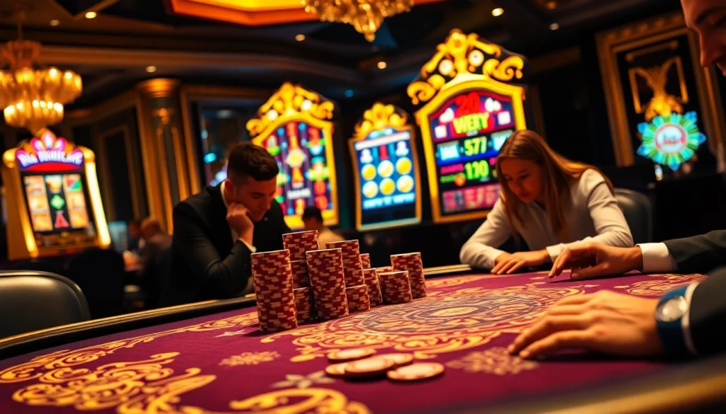 Experience the thrill of high stakes at https://789p.build/ with an elegant poker table and vibrant slot machines.