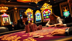 Experience the thrill of high stakes at https://789p.build/ with an elegant poker table and vibrant slot machines.