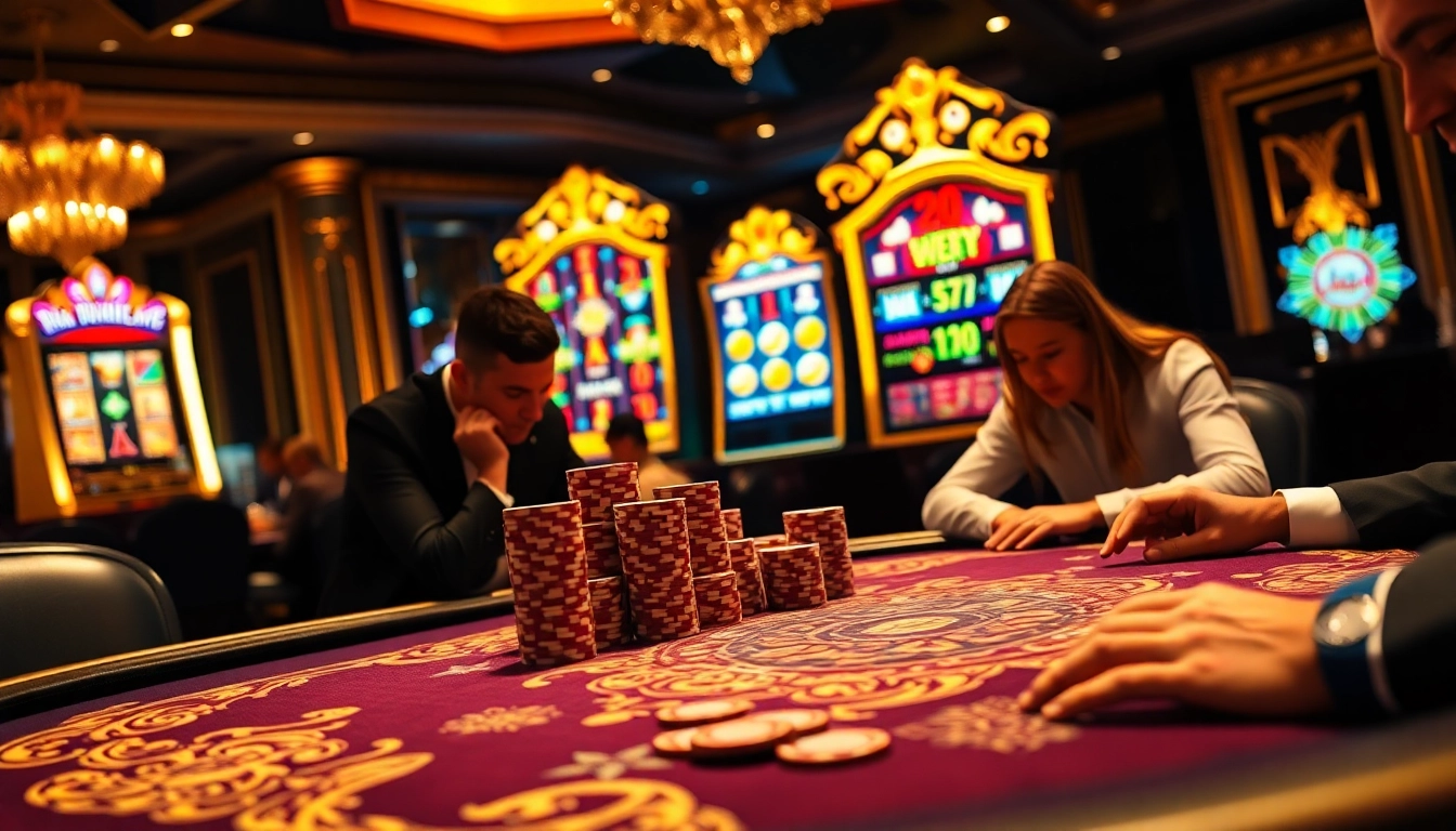 Experience the thrill of high stakes at https://789p.build/ with an elegant poker table and vibrant slot machines.