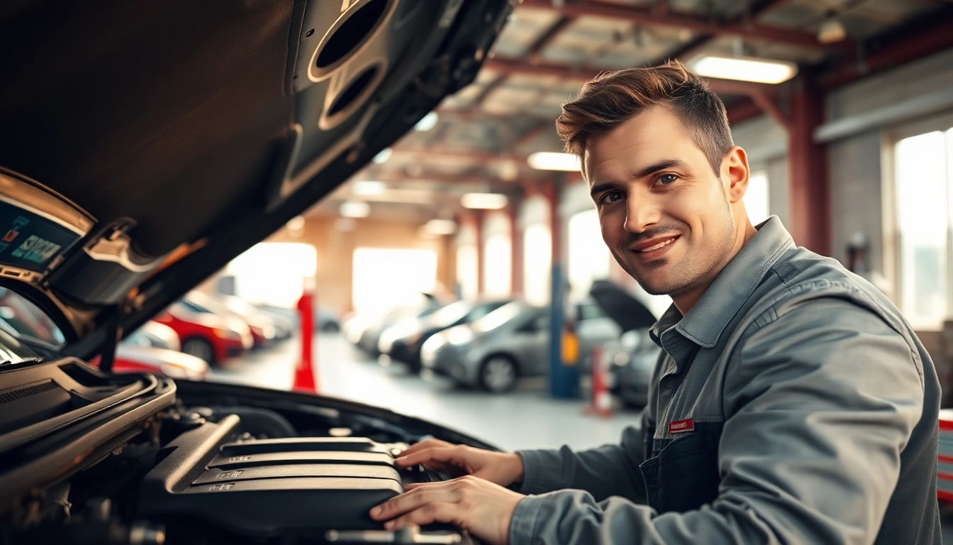 Mechanic near me repairing a car engine in a bright garage with professional tools.