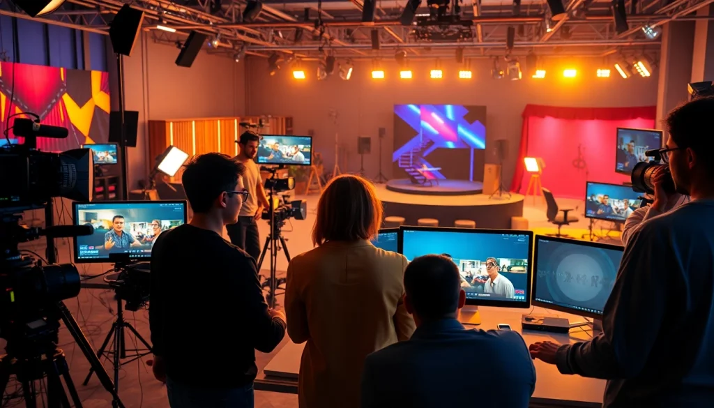 Dynamic scene depicting a video production company Calgary team collaborating in a professional studio.