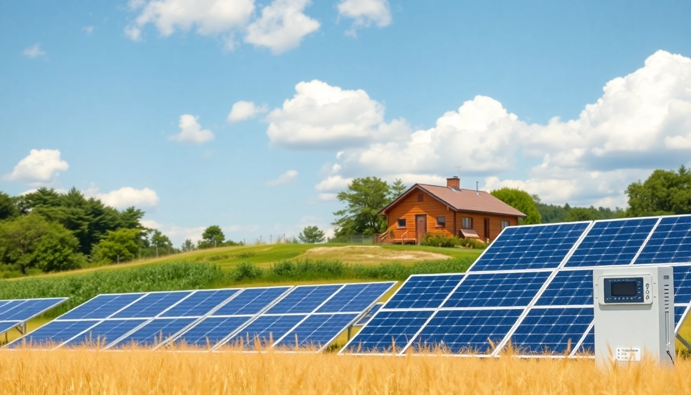 Off grid solar system installed in a serene rural setting, showcasing solar panels, inverter, and battery.