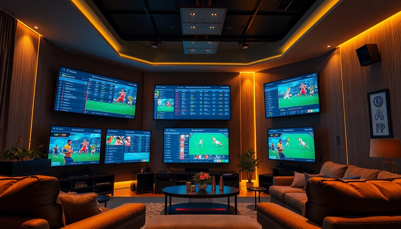 Bet on sportsbooks in Oklahoma with a modern setup featuring multiple screens and a cozy atmosphere.