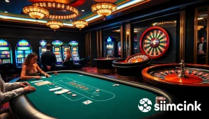 Exciting blackjack game at sinbet.ink casino with colorful slot machines and vibrant players.