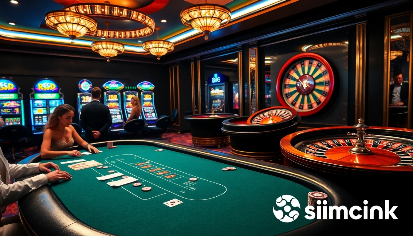 Exciting blackjack game at sinbet.ink casino with colorful slot machines and vibrant players.