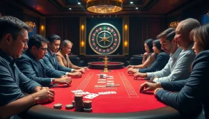 Players enjoying a high-stakes poker game at RAJABARONG casino table with vibrant atmosphere.