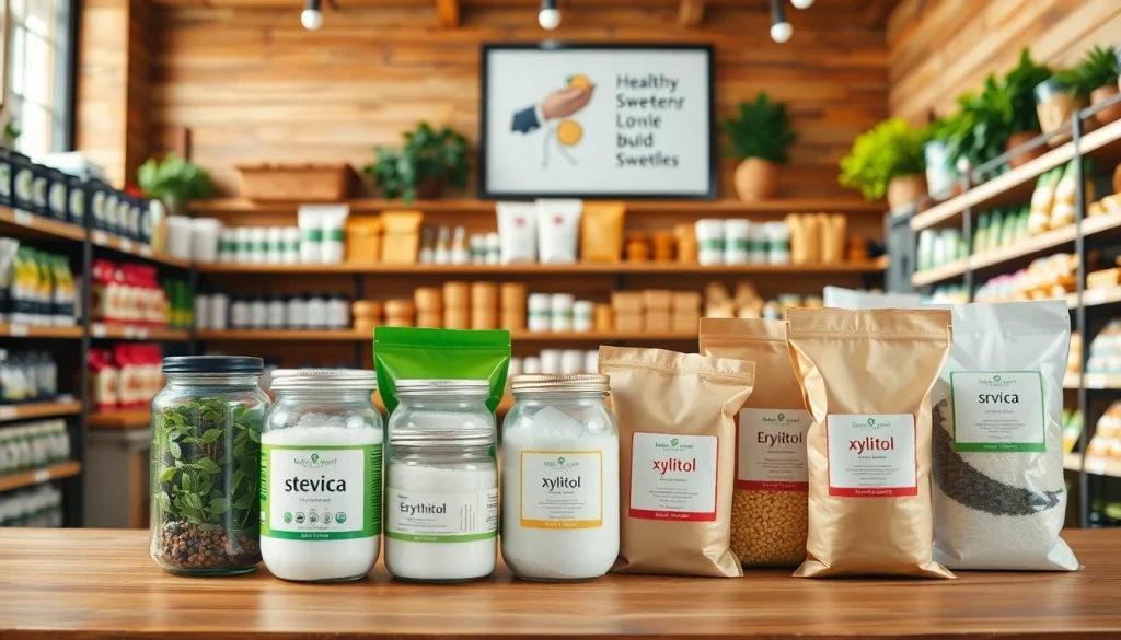 Adoçante a granel em jars e sacos expostos em loja de produtos naturais.