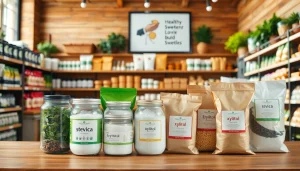 Adoçante a granel em jars e sacos expostos em loja de produtos naturais.