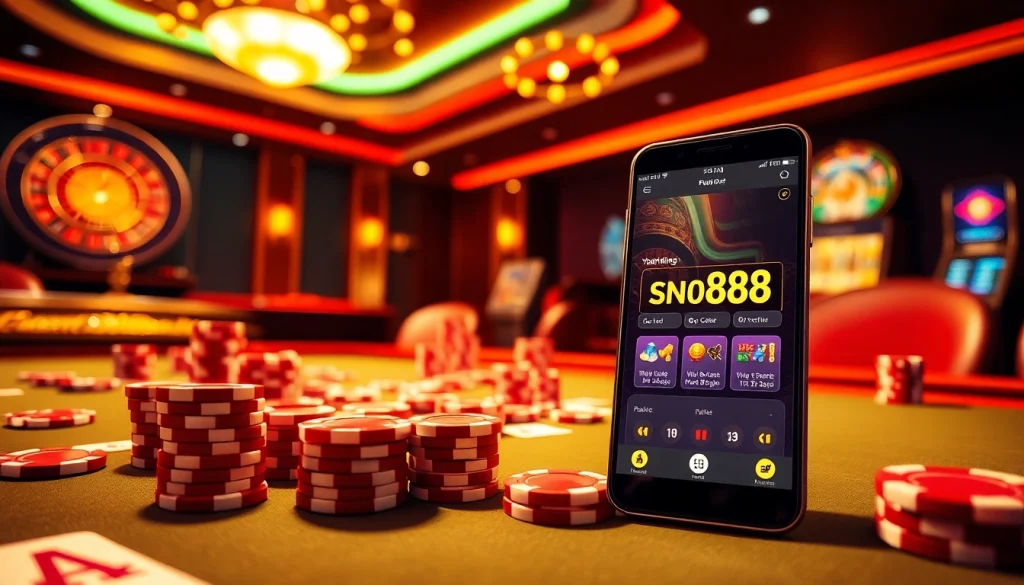 Exciting gambling scene with SN888 App on smartphone and casino elements like poker chips.