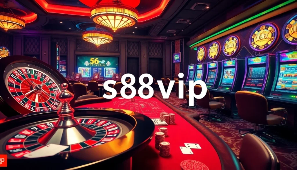 S88vip casino scene with poker tables and roulette, showcasing vibrant gambling excitement.