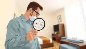 Inspecting for bed bugs at https://affordablebedbugexterminators.com with a magnifying glass in a sanitized environment.