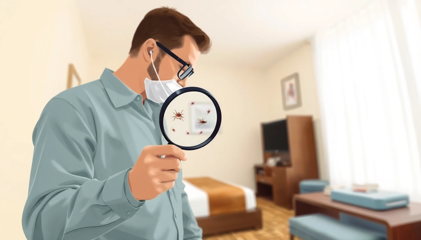 Inspecting for bed bugs at https://affordablebedbugexterminators.com with a magnifying glass in a sanitized environment.