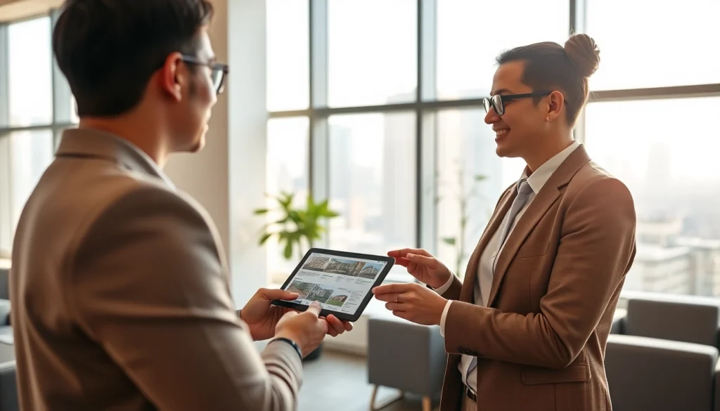 Real Estate consultation taking place in a modern office with an experienced agent guiding clients.
