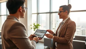 Real Estate consultation taking place in a modern office with an experienced agent guiding clients.
