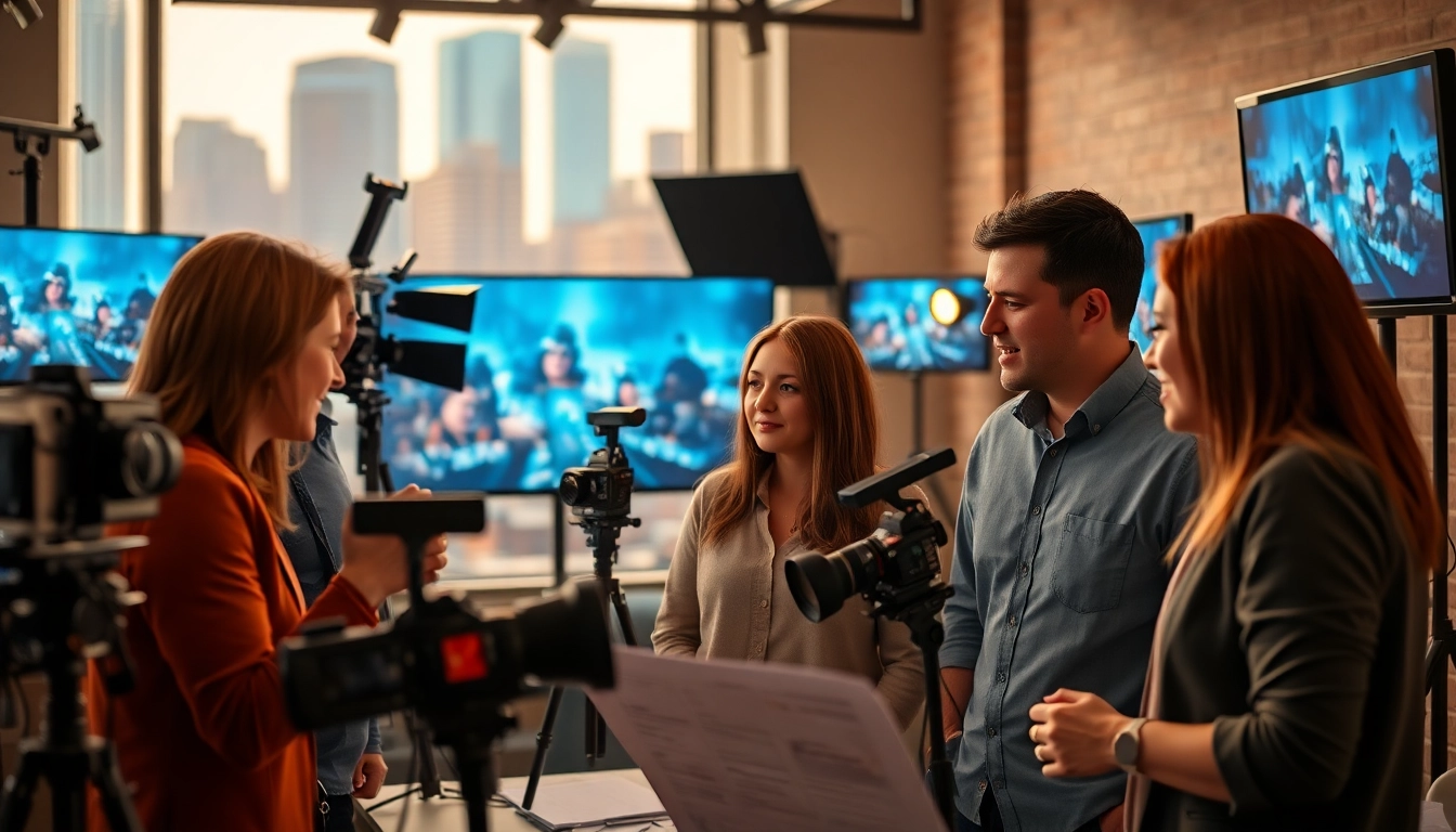 Video Production Company Calgary team working collaboratively in an urban setting with high-tech equipment.