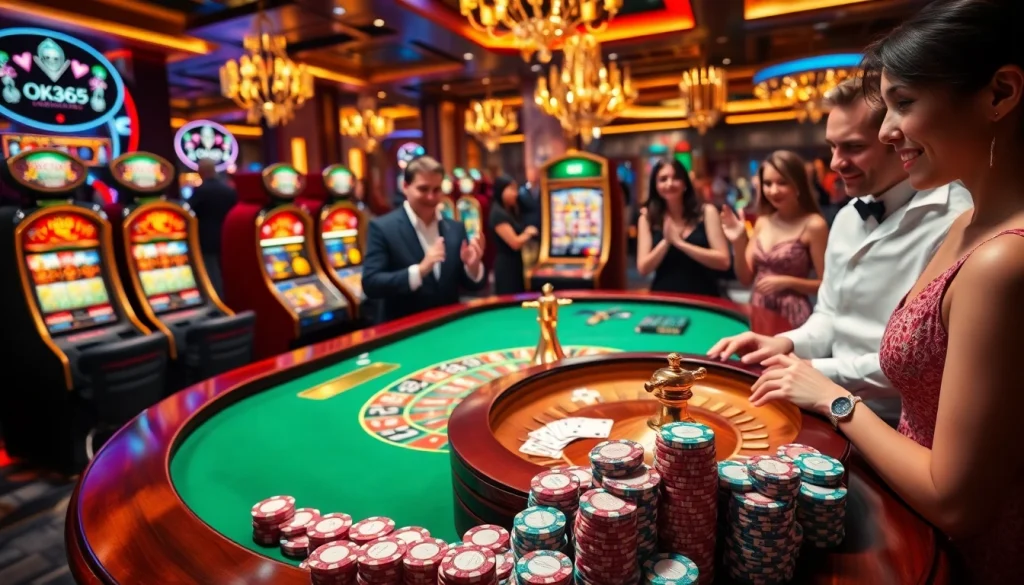Experience the excitement of OK365 at a luxurious online casino, featuring roulette and slot machines.