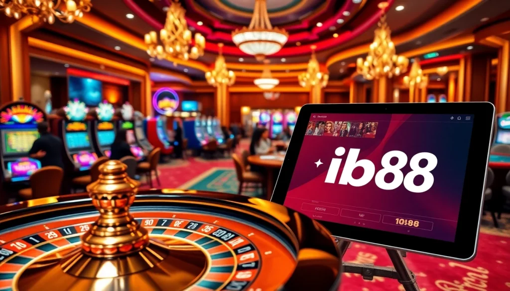 Experience the thrill of ib88 with vibrant casino elements, including a roulette wheel and slot machines.