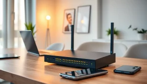 Setup of a vpn router uk in a modern office with glowing indicators and connected devices.