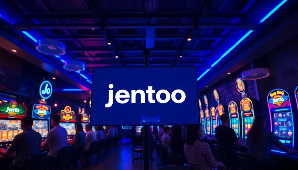 Jentoto logo displayed in an energetic gaming lounge with players engaged.