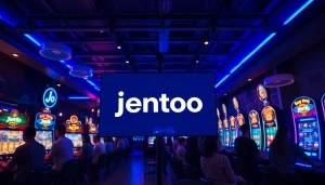 Jentoto logo displayed in an energetic gaming lounge with players engaged.