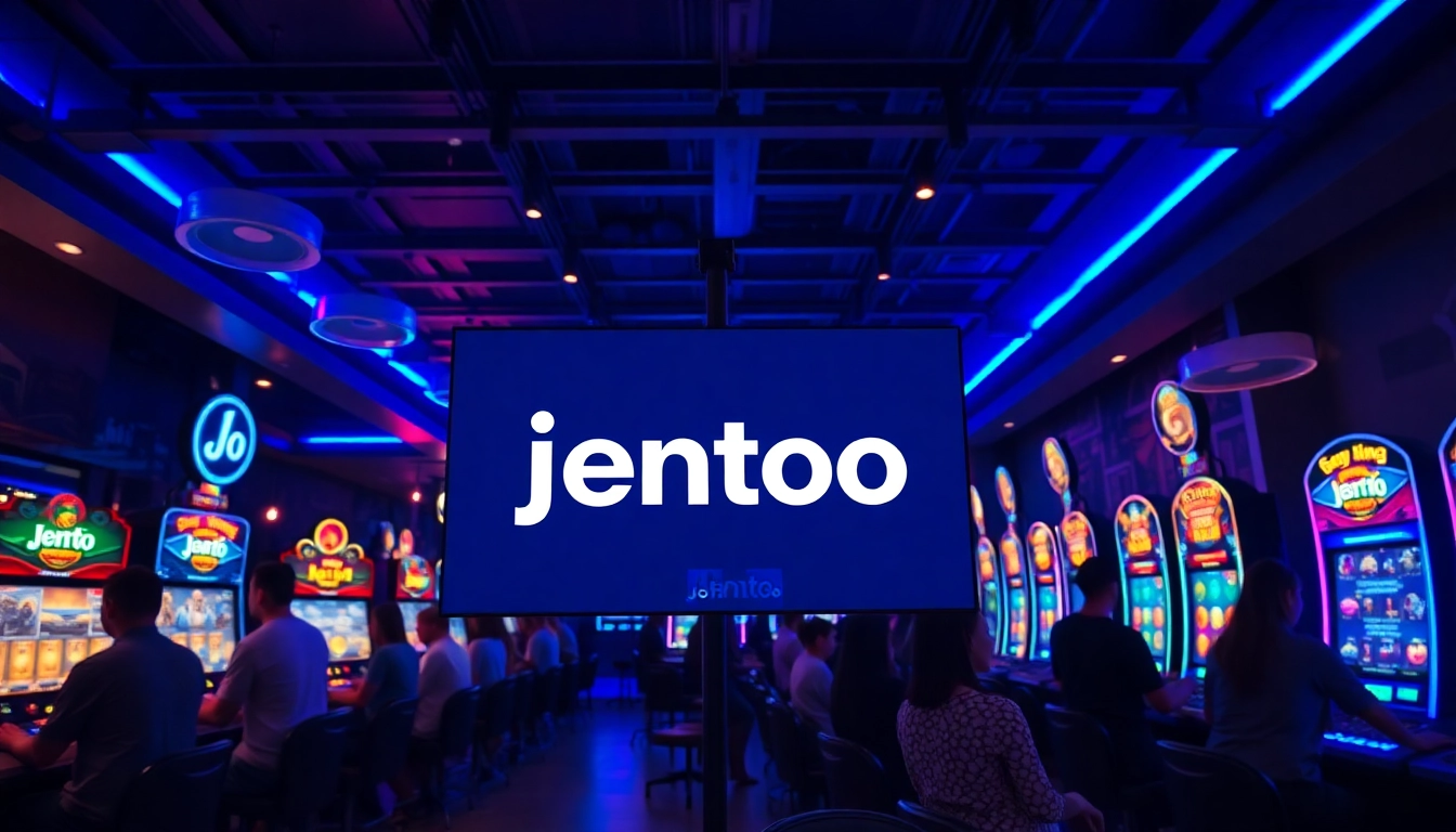 Jentoto logo displayed in an energetic gaming lounge with players engaged.