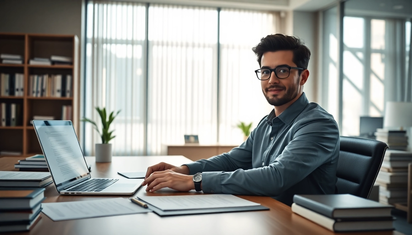 Traducteur anglais certifié (traducteur assermenté anglais) travaillant dans un bureau moderne avec des documents et un ordinateur portable.