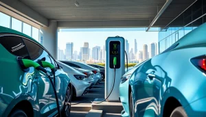 Showcasing the latest EV charging news with electric vehicles charging at modern stations in an urban setting.
