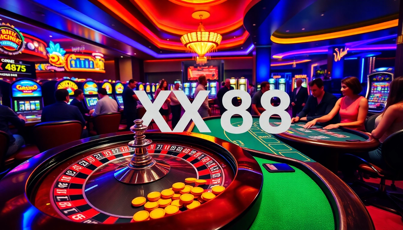 Players celebrate their wins at the XX88 casino, featuring vibrant slot machines and a roulette table.
