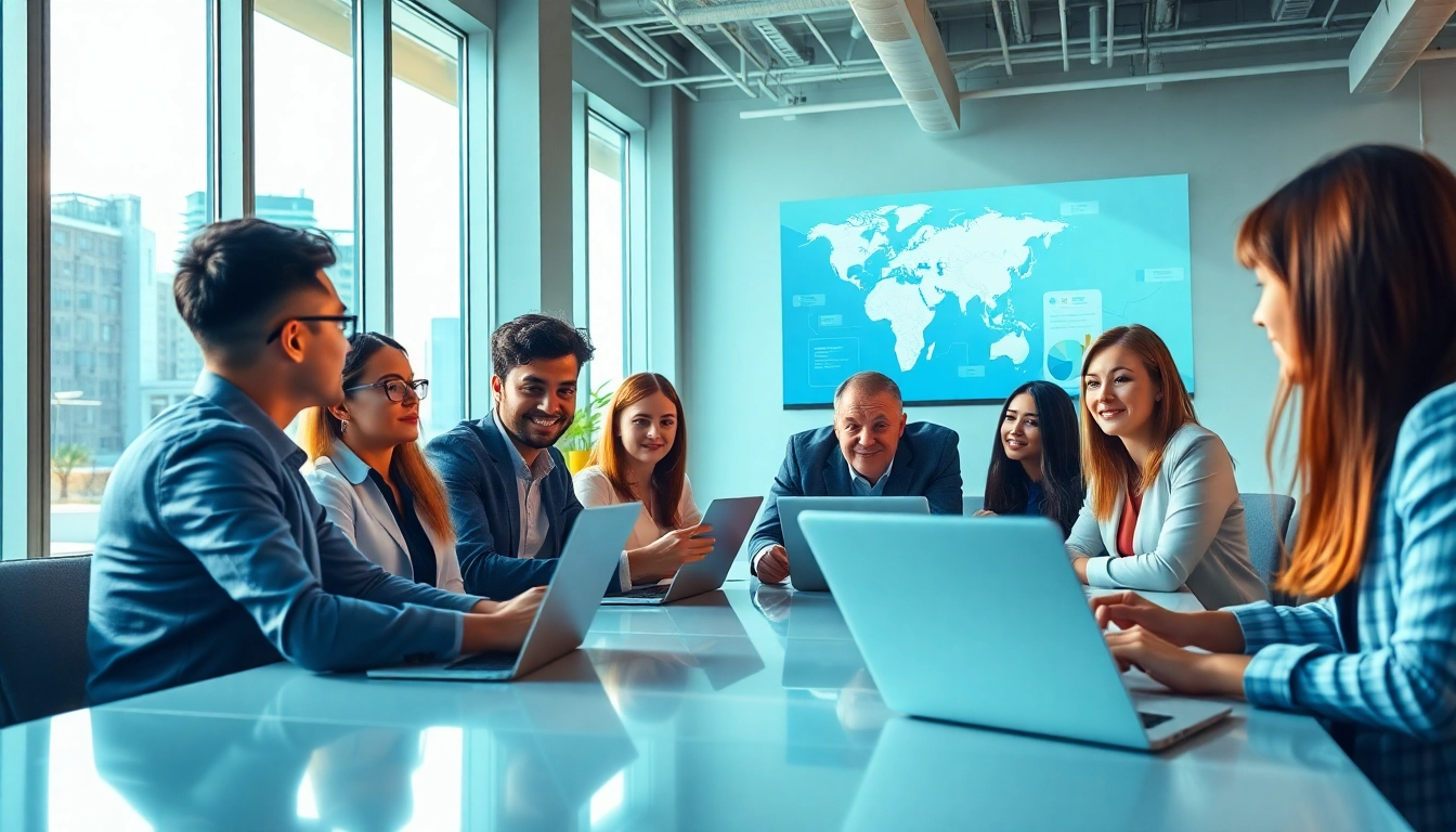 Lingo Connect team collaborating in a modern office, showcasing global communication and teamwork.