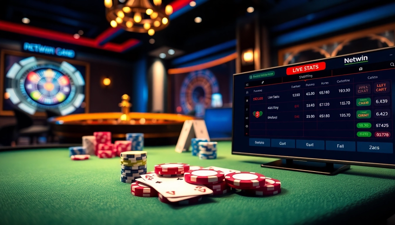 Experience the excitement of Netwin with vibrant poker chips and playing cards on a luxurious casino table.