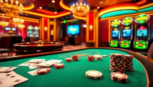 Vibrant casino scene showcasing NEW88 Trang chủ with poker chips, cards, and a roulette wheel.