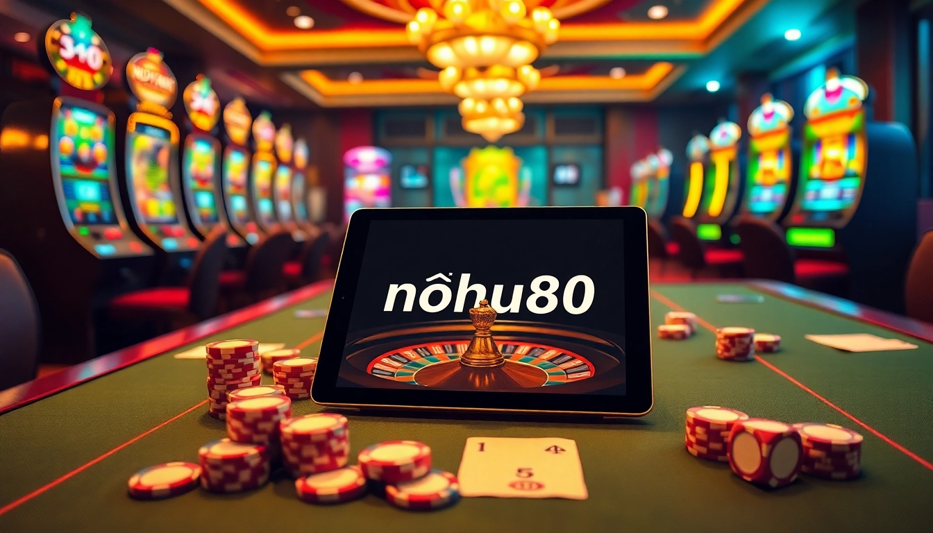 Players engaging in exciting online gambling experiences at nhà cái nohu90, featuring vibrant casino elements.