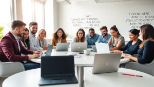 Agency team collaborating in a modern office environment, showcasing diversity and teamwork.