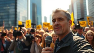 Capture a dynamic news scene at https://news-parade.com.ua featuring reporters and an excited crowd.