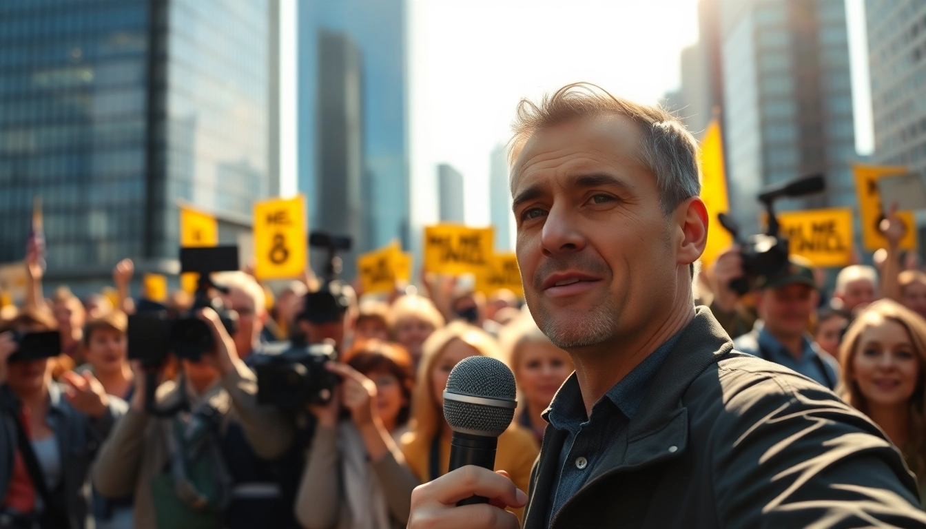 Capture a dynamic news scene at https://news-parade.com.ua featuring reporters and an excited crowd.