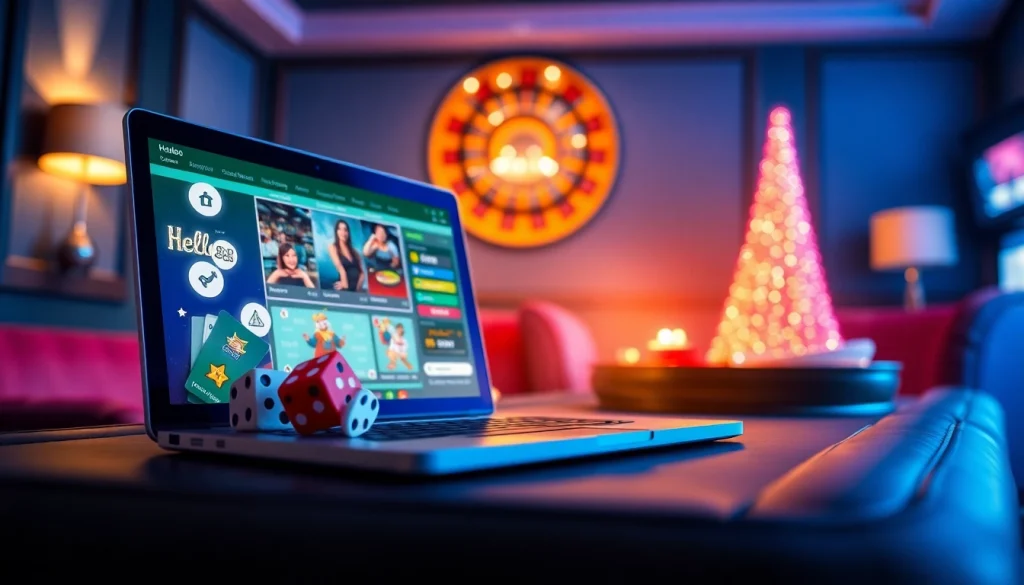 Hello88 online gambling platform interface showcasing vibrant gaming elements in a chic lounge setting.