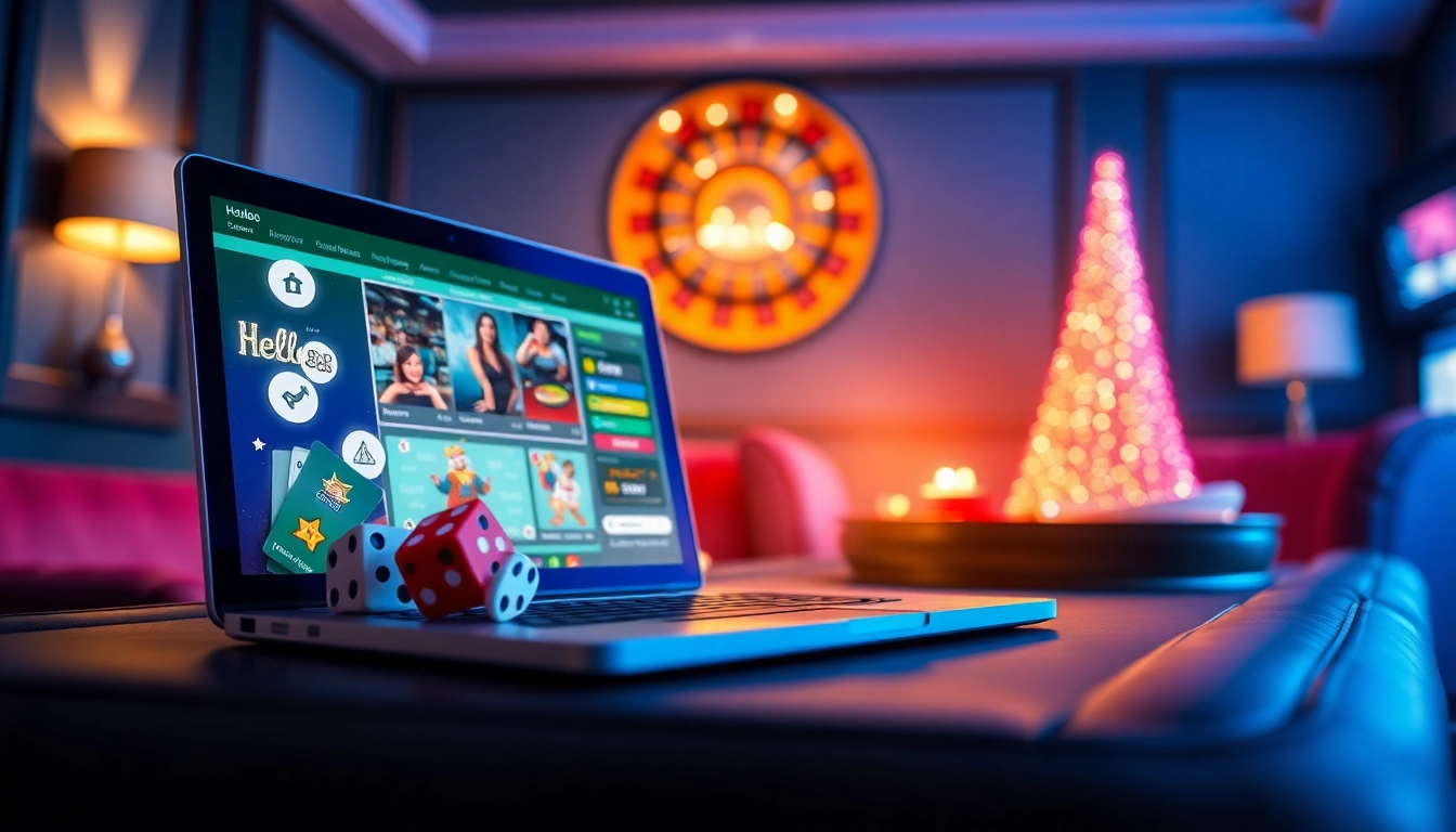 Hello88 online gambling platform interface showcasing vibrant gaming elements in a chic lounge setting.