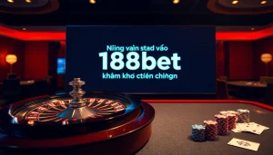 Engaging players with link vào 188bet không bị chặn, vibrant casino atmosphere with roulette and poker elements.
