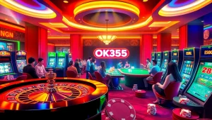 Experience the thrill of OK365 Trang chủ with engaging casino gaming scenes, showcasing diverse players and vibrant gambling elements.