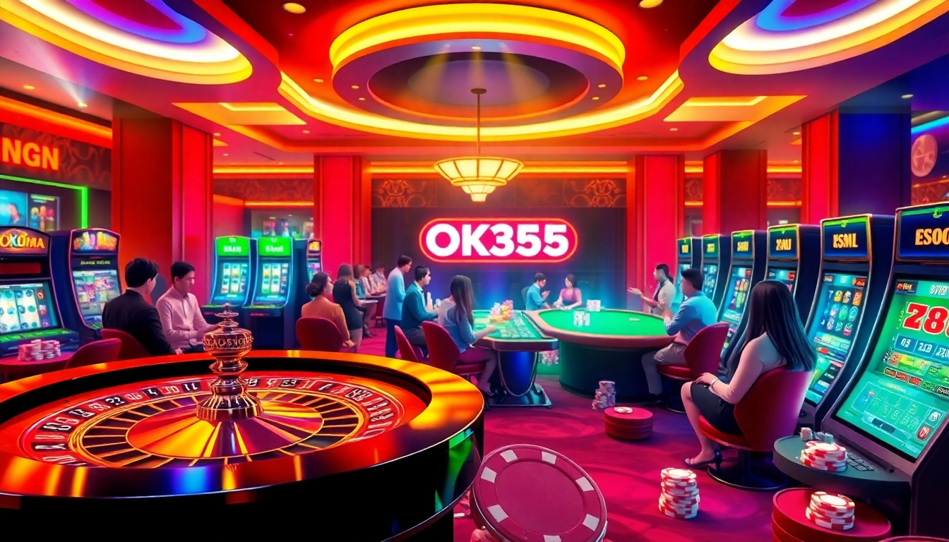 Experience the thrill of OK365 Trang chủ with engaging casino gaming scenes, showcasing diverse players and vibrant gambling elements.