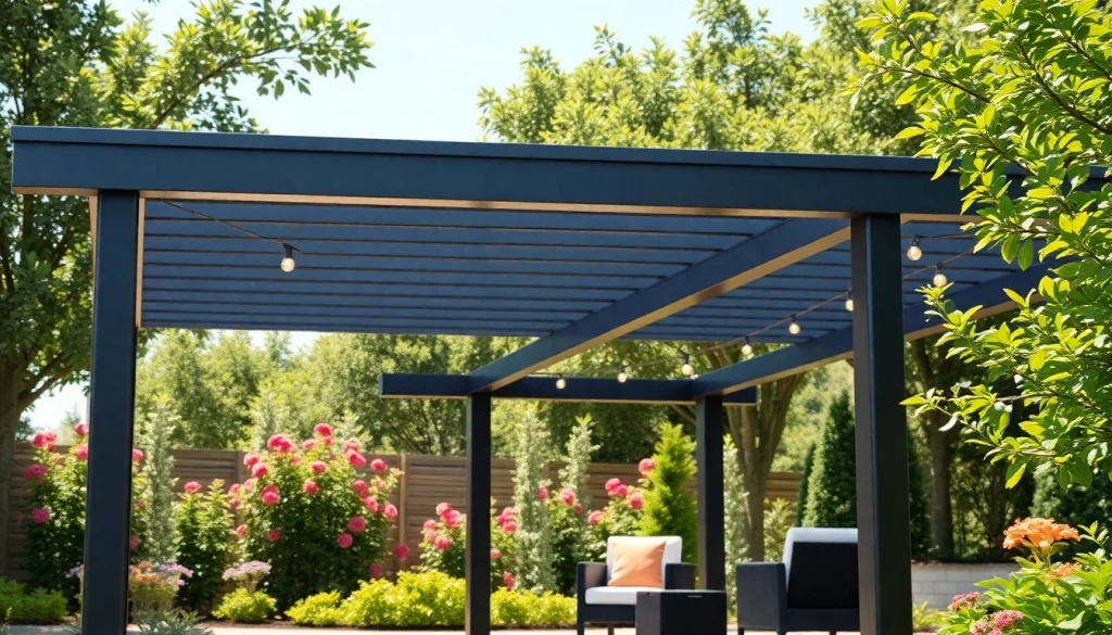Admire this modern steel pergola framed by a vibrant garden, perfect for outdoor relaxation.