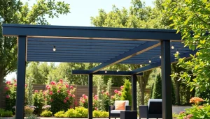 Admire this modern steel pergola framed by a vibrant garden, perfect for outdoor relaxation.
