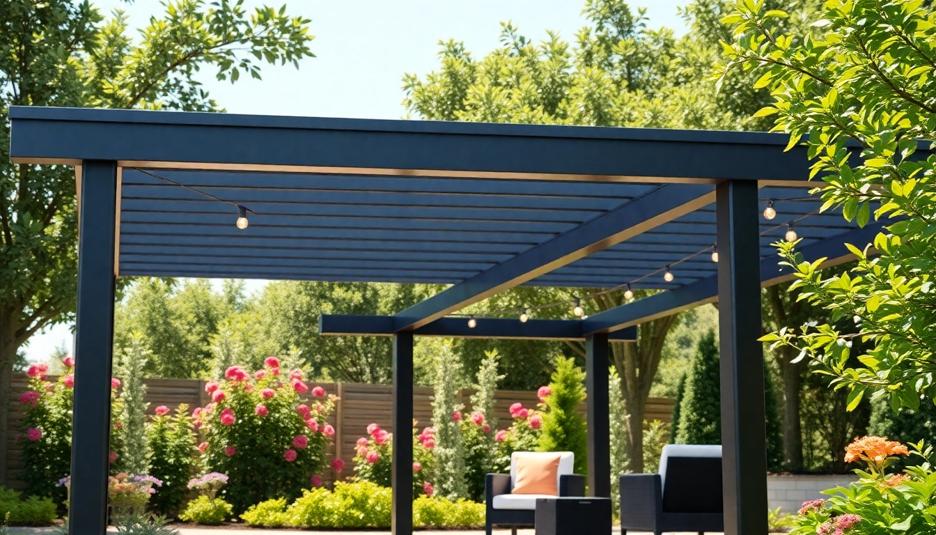 Admire this modern steel pergola framed by a vibrant garden, perfect for outdoor relaxation.