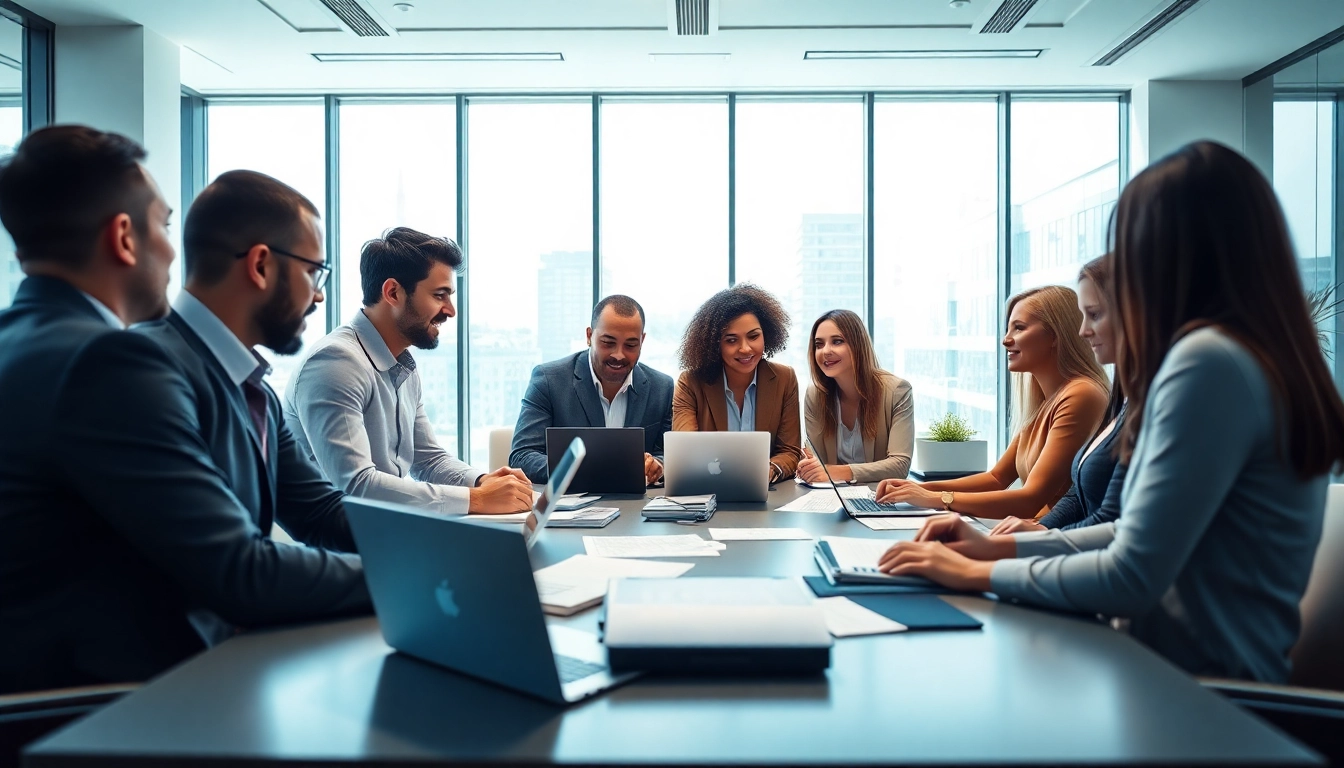Team collaborating on business strategies in a professional office setting