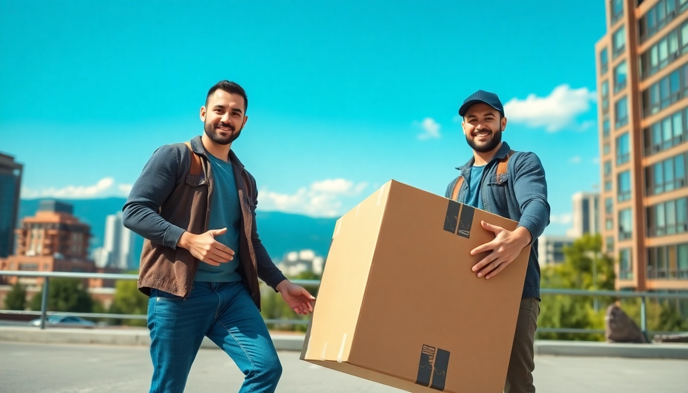 Best moving company in Vancouver showcases professional movers in action, lifting boxes amid a vibrant cityscape.