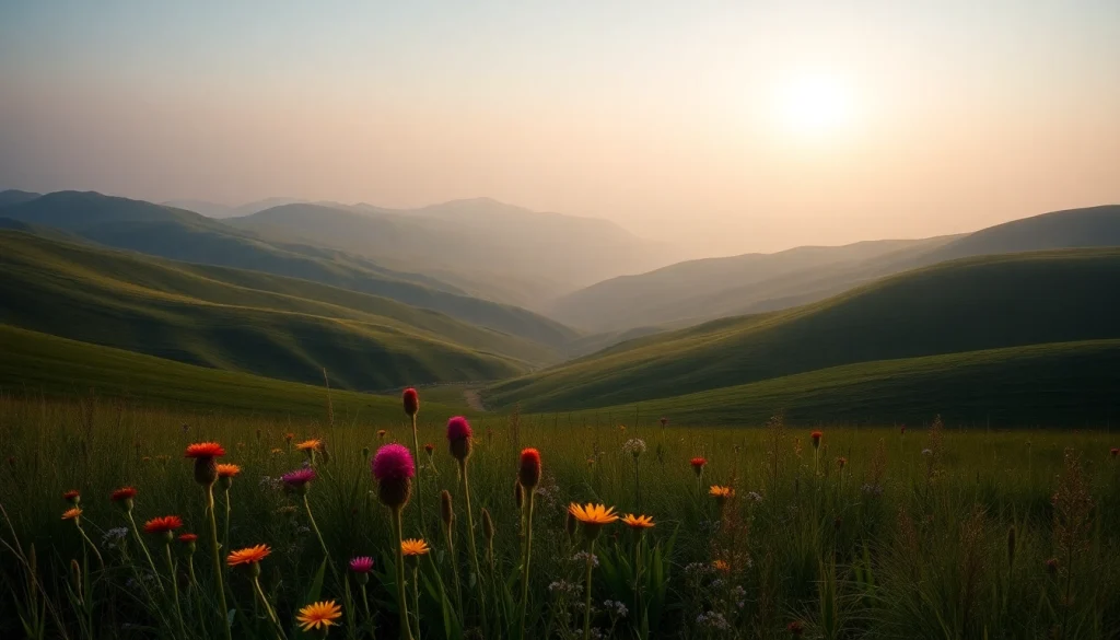 Witness the scenic beauty of long hills under a sunrise, featuring vibrant wildflowers and rolling landscapes.
