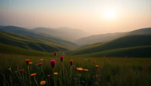 Witness the scenic beauty of long hills under a sunrise, featuring vibrant wildflowers and rolling landscapes.