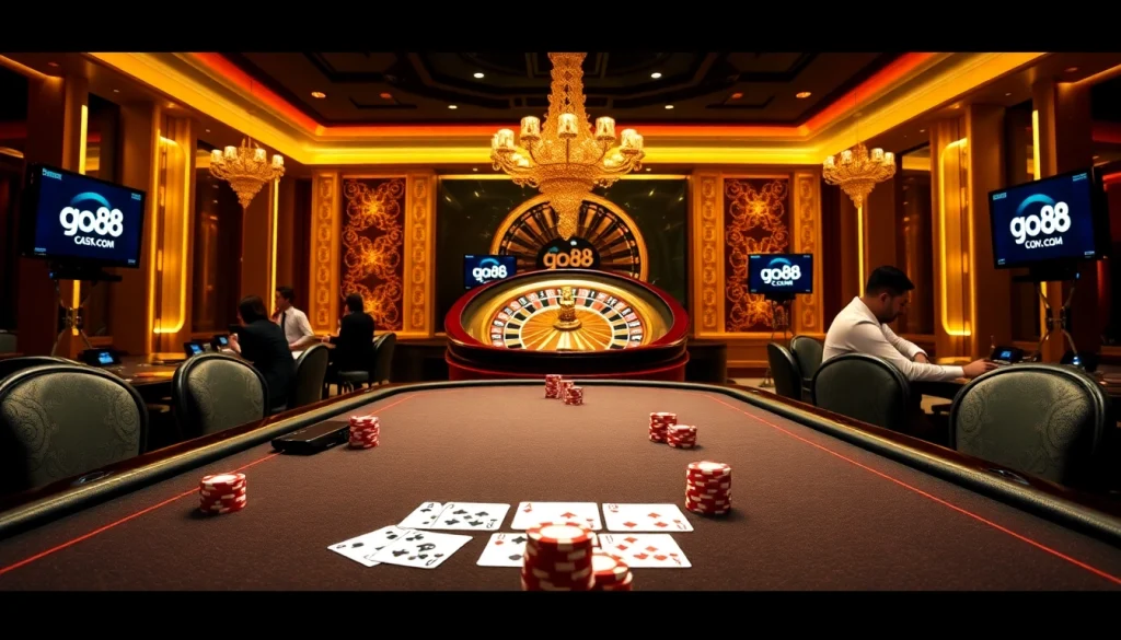 Experience the thrill of gaming at go88 .com with a vibrant casino scene showcasing poker and roulette excitement.