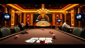 Experience the thrill of gaming at go88 .com with a vibrant casino scene showcasing poker and roulette excitement.